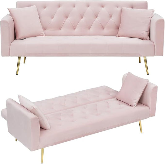 71Convertible Futon Sofa Bed - Modern Velvet Sleeper Couch with Adjustable Backrest Tufted Recliner with Golden Chrome Legs &amp 2 Pillows Perfect for Small Spaces Living Room &amp Apartment (Pi
