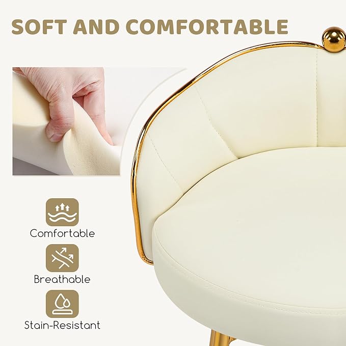 Cute Vanity Chair with Back Small Armless Leather Makeup Desk Chair No Wheels Modern Swivel Accent Vanity Stools with Gold Legs for Vanity Bedroom Dress Room Beige