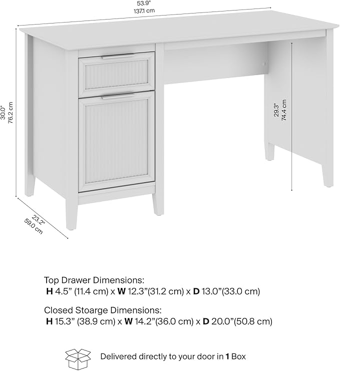 Bush Home 54-Inch Writing Desk with Storage Fluted Computer Study Laptop Table Workstation with Spacious Drawer and Door Storage Home Office Furniture Make Up Vanity Camille Collection Onyx Birch