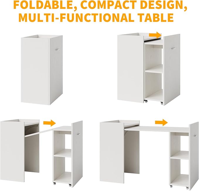 GAOMON Folding Computer Desk with Storage Shelves Extension Computer Table Space Saving Table ith Extendable Drop-Leaf for Small Spaces Home Office Gaming Bedroom White