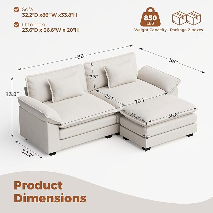 CDCASA 86 Modular Sectional Sofa Comfy L-Shaped Cloud Couch with Movable Ottoman Oversized 3-Seater Velvet Deep Seat Sofa Couch for Living Room Beige