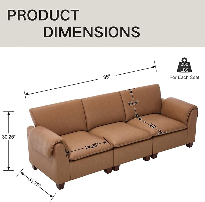 97 Inches Cloud Modular Sectional Sofa 3 Seater Faux Leather Couch Modern Convertible Comfortable Sofa Couch for Living Room/Apartment PU Brown