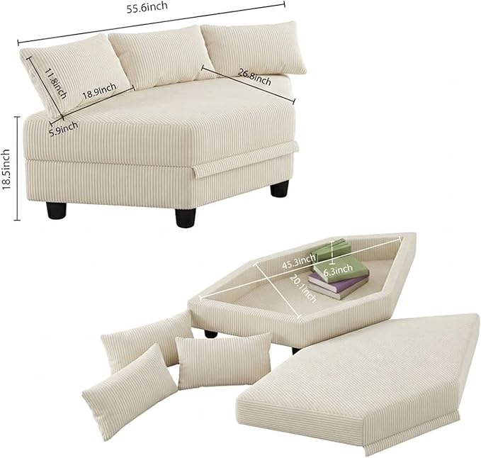 LLappuil Extra Large Hexagon Seat for Modular Sectional Sofa with Hidden Storage Carton C Only Compatible for Carton D Beige Corduroy | Tool Free Assembly Flexible Layouts