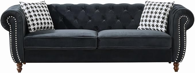 KEIKI Modular Chesterfield Velvet Sofa Couch Set Mid Century Modern 6 Seater Couches w/Roll Armrest &amp Nailhead Comfy Sleeper Cloud SofaBed for Office Apartment Living Room Easy Assembly Black