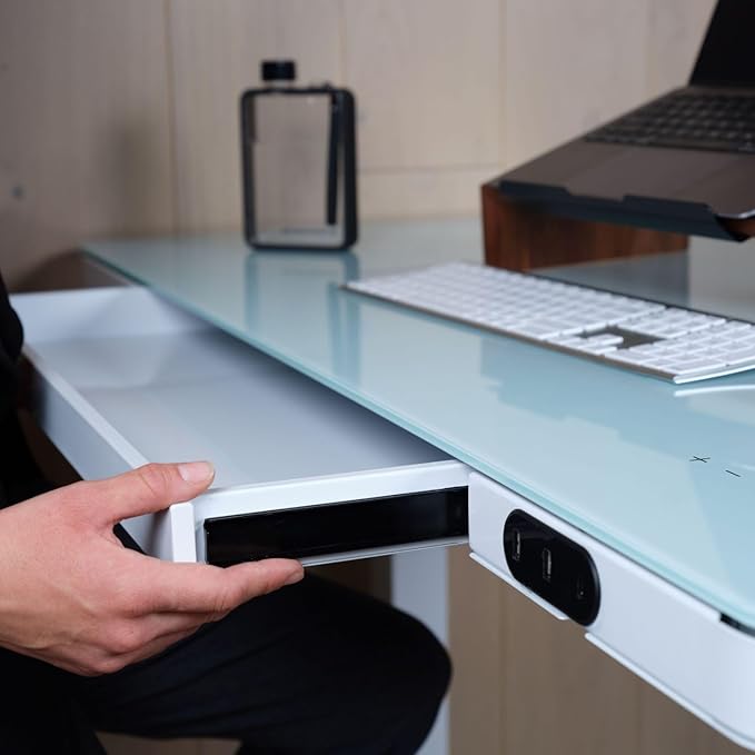 LifeSpan Fitness SDG Electric Glass Standing Desk with Liquid Chalk Mark | 24 x 46 Standing Frame Height Adjustable Sit Stand Desk for Home Office and Ergononic Workstations (White)