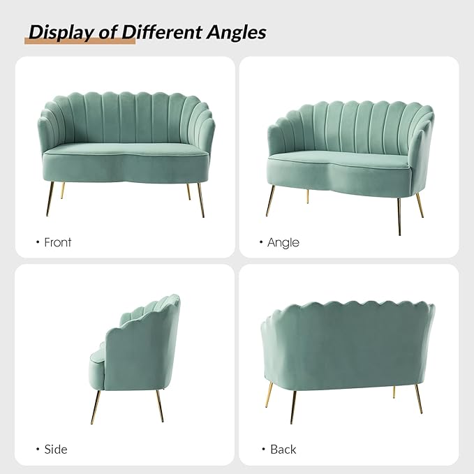 Velvet Upholstered Loveseat Sofa with Gold Metal Legs Modern Comfy Small Love Seat with Flower Shaped Back 2-Seater Sofa Accent Couch for Living Bedroom Leisure Areas