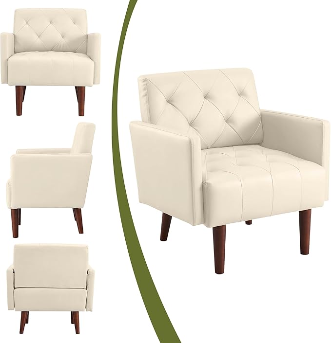 Modern Accent PU Chair Living Room Chair Upholstered Single Sofa with 4 Sturdy Legs Contemporary Reading Chair for Living Room Reading Room Bedroom (Cream)