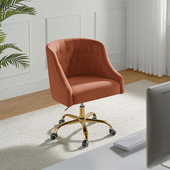 Velvet Office Chair with Gold Base Modern Cute Desk Chair Comfortable Adjustable Swivel Task Chair for Home Office Living Room Bedroom Vanity Study Coral
