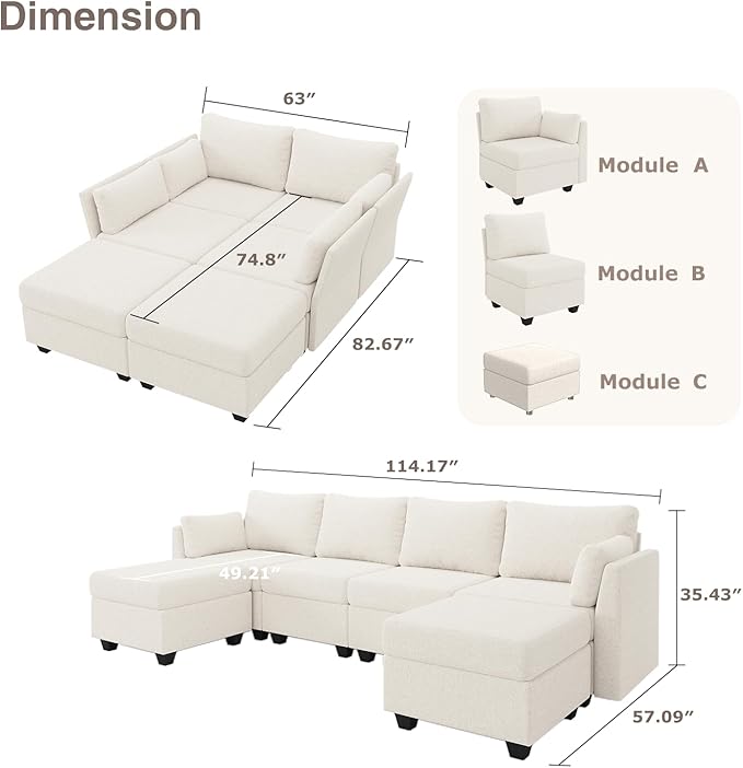 114.17 Modular Sectional Sofa 6 Seat Modular Couch with Storage Memory Foam Convertible Sectional Couches for Living Room U Shaped Comfy Modular Sofa with Chaise Beige