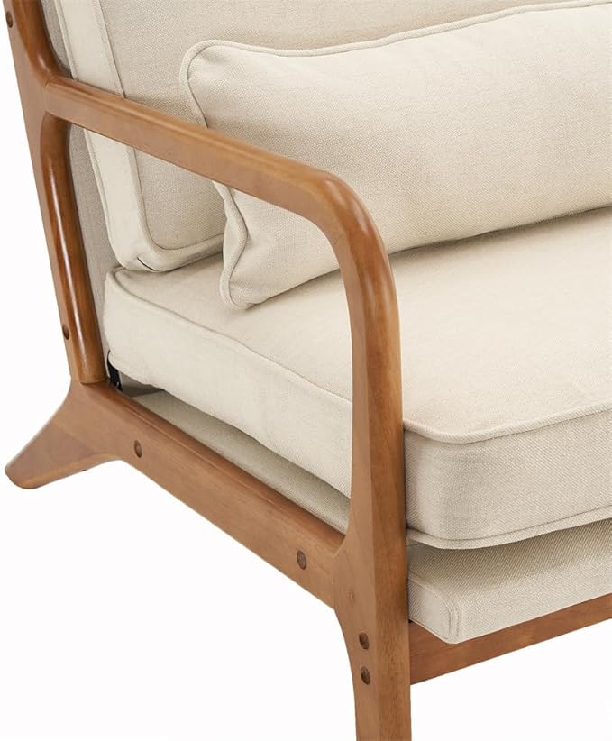 LLS Accent Chair Mid-Century Modern Upholstered Armchair with Lumbar Pillow Comfy Lounge Chair Reading Chair with Solid Wood Frame &amp Soft Cushion for Living Room Bedroom Balcony Off-White