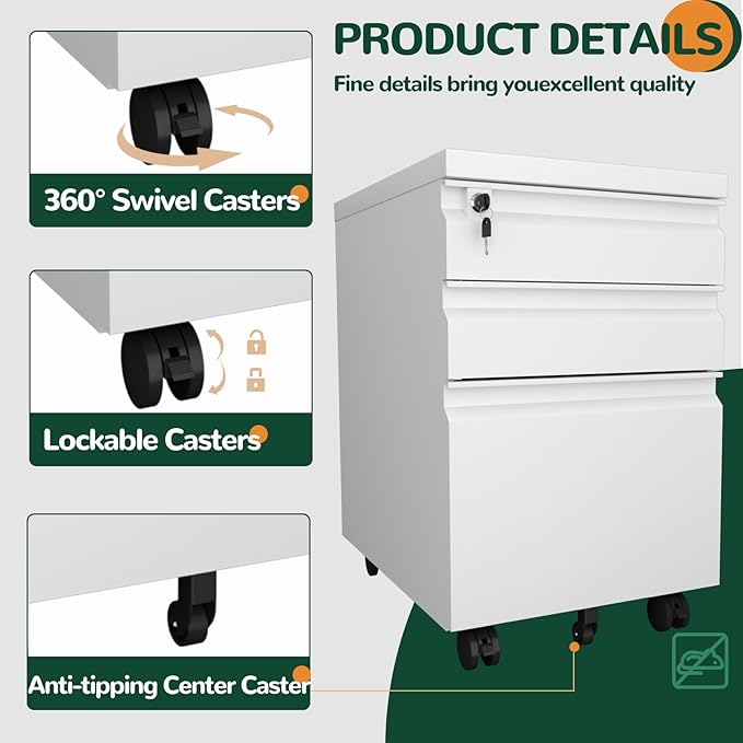 3 Drawer File Cabinet with Lock Metal Mobile Filing Cabinet on Wheels Under Desk Storage Cabinet for Home Office Deep Drawers for Letter/Legal/A4 Files with Anti-Tip Design (White)
