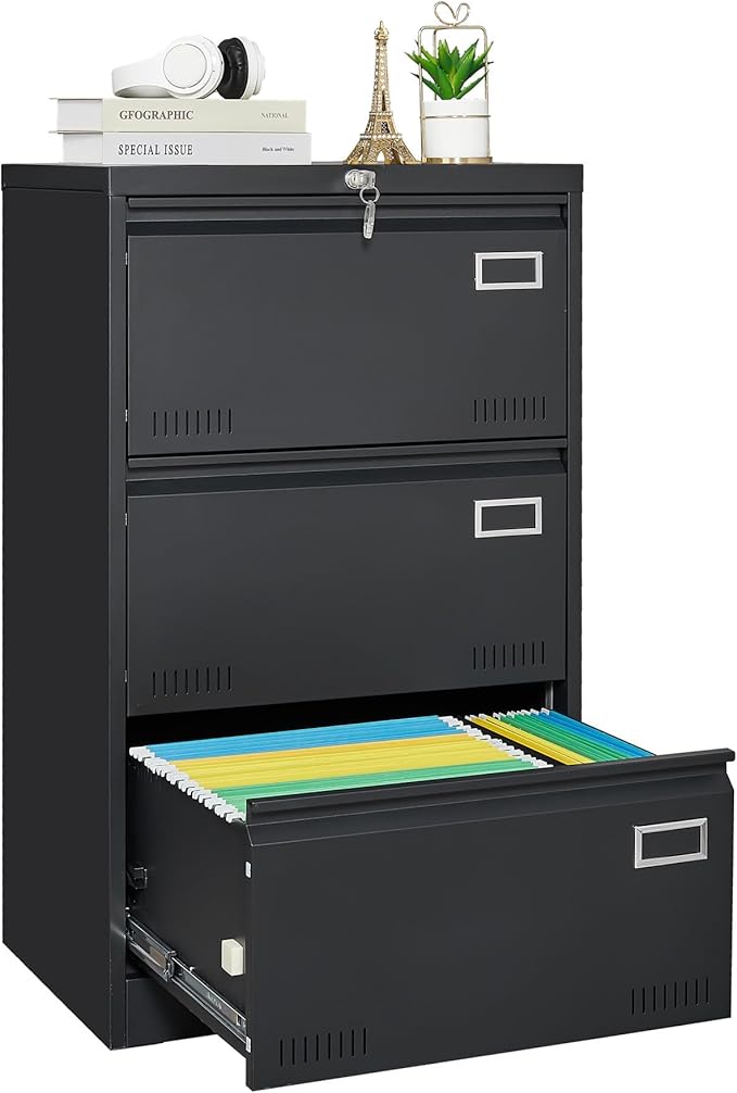 3 Drawer Metal Lateral File Cabinet with Lock Office Vertical Files Cabinet for Home Office Legal Letter A4 Large Capacity Security Lock Heavy-Duty Steel Adjustable File Bars (Black)