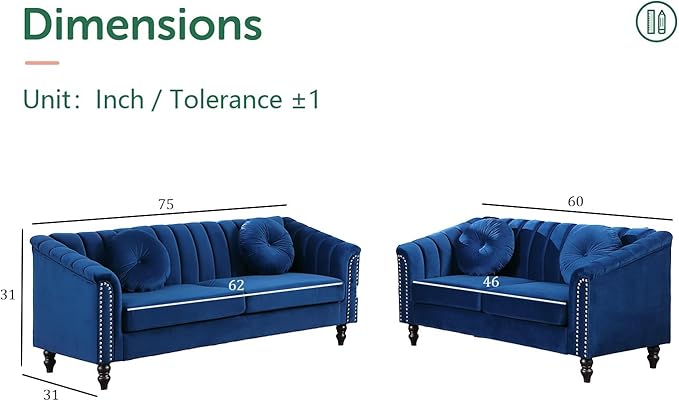 Chesterfield Sofa Set Luxurious Velvet Chesterfield Settee Couch SetSofa and Loveseat SetUpholstered Rolled Arm with Rivets/4 Button Tufted Pillow Modern Sofa Living Room SetBlue