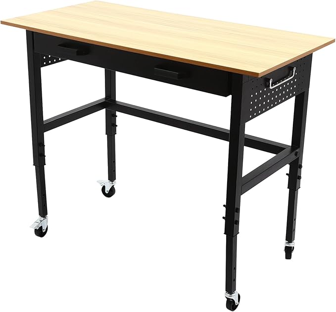 Mobile Standing Desk with Power Outlet Adjustable Height Rolling Workbench 2 Tier Computer Laptop Desk with Lockable Universal Wheels for Home Office Garage Easy to Assemble