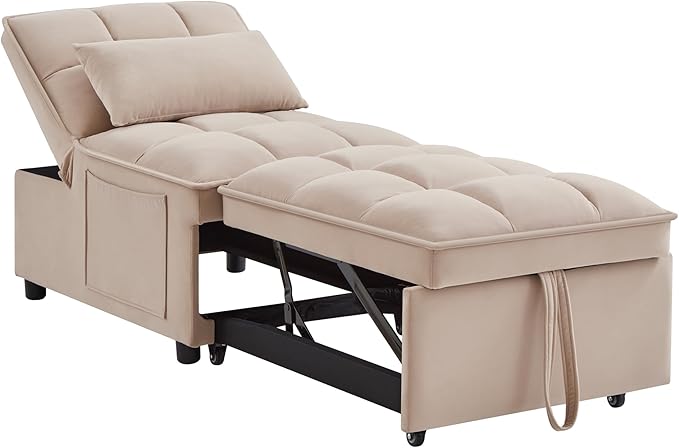 Multi-Function Convertible Single Sleeper Sofa Bed with Storage PocketsVelvet Tufted Pull-Out Couch Bed 4in1 W/Adjustable Backrest &amp PillowsChaise Lounge for Living RoomSmall SpaceTaupe