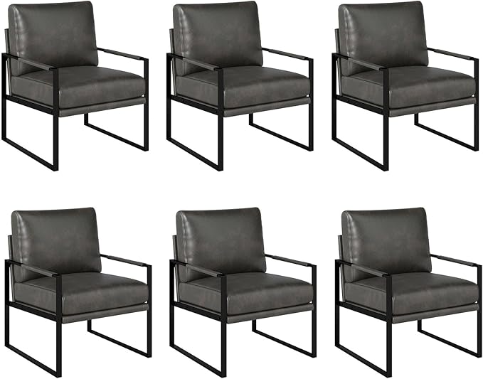 Mid Century Modern Faux Leather Accent Chair Set of 6 Metal Framed Armchair with Extra Soft Removable Seat Cushion &amp Backrest for Living Room Bedroom Waiting Room Easy to Clean (6Dark Grey)