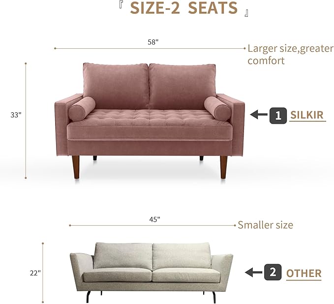 SILKIR Velvet Loveseat Sofa Love Seats Furniture for Small Spaces Mid-Century Modern Loveseats for Living Room Love Seat Couch 58 Inches Rose