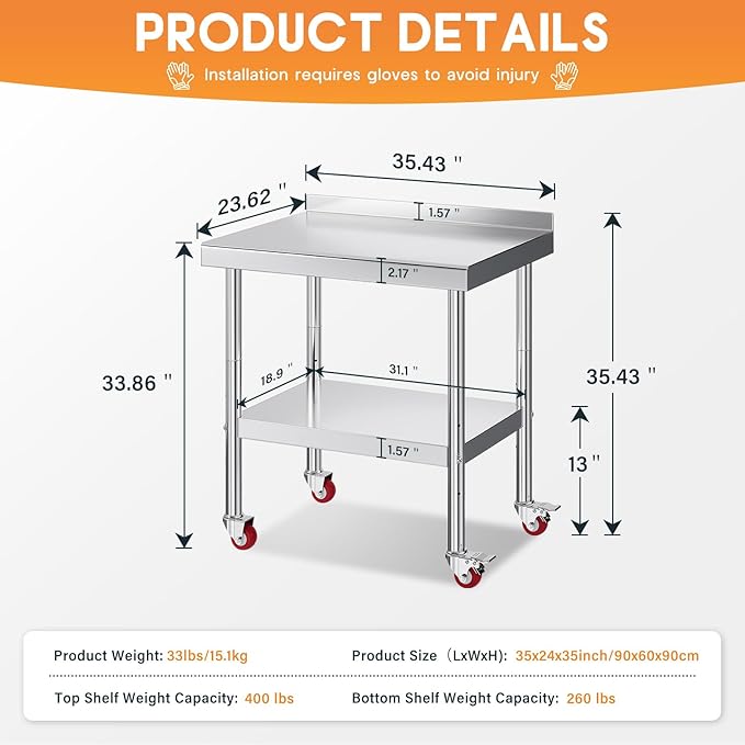Jocisland 24 x 36 Stainless Steel Table for Prep &amp Work with Backsplash and Wheels NSF Certified with Adjustable Under Shelf &amp Safe Design for Restaurant Home Outdoor