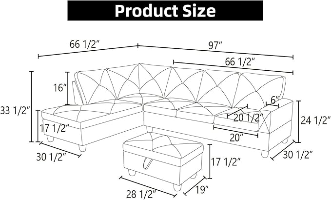 L Shaped Sectional Couch with Reversible Cup Holder and Chaise 4 Seater Lounge Sofa Modern Nailhead Design with Storage Ottoman Dark Grey