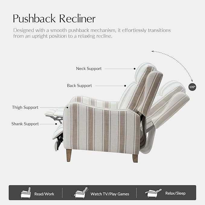 HULALA HOME Pushback Recliner Chair with Solid Wood Legs Fabric Striped Comfy Upholstered Seating with Footrest Armchair for Living Room/Reading TAN
