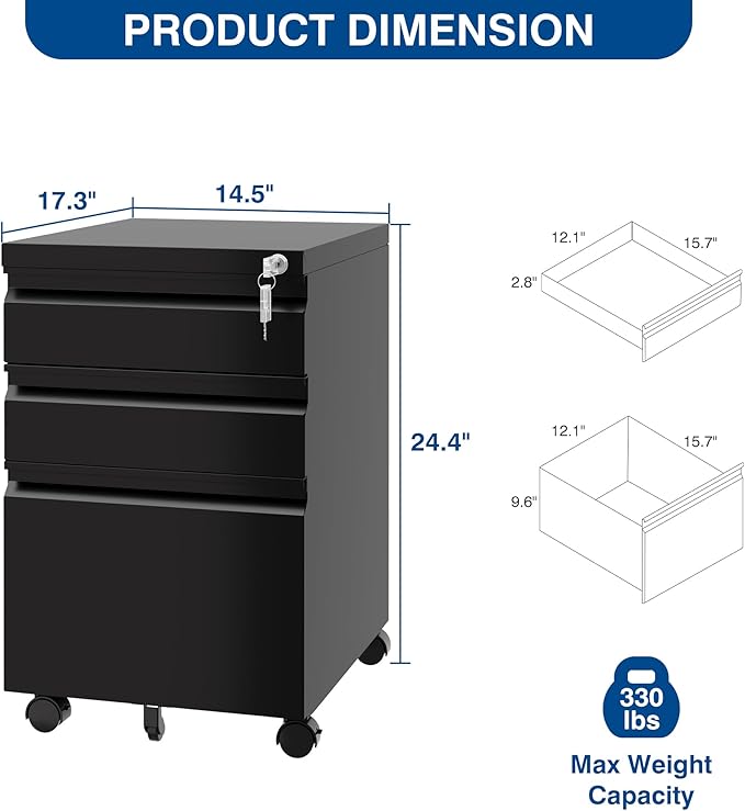 3 Drawer Mobile Metal File Cabinet Black Filling Cabinets with Lock Pre-Built Office Storage File Cabinet with Wheels Under Desk - Assembled Required