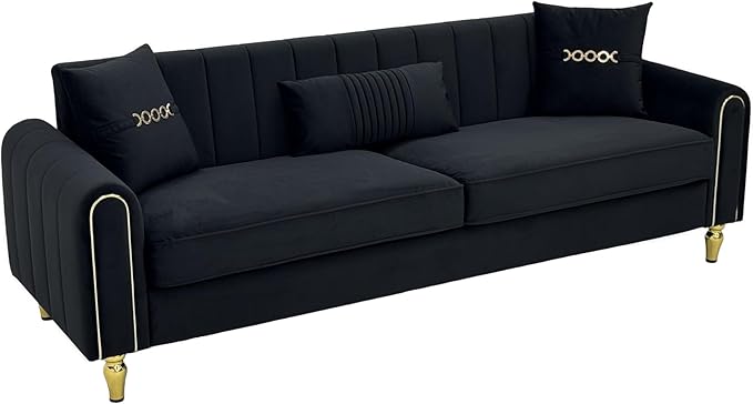 Modern 3-Seaters Velvet Sofa Upholstered Couch with Pillows and Gold Metal Legs for Living Room Office Apartment (Black)