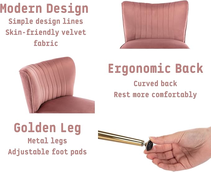 Pink Velvet Accent Chairs Set of 2 with Golden Legs Upholstered Side Chairs Mid-Century Modern Slipper Chairs for Guest Room Comfy Armless Wingback Corner Single Sofa Living Room Chairs