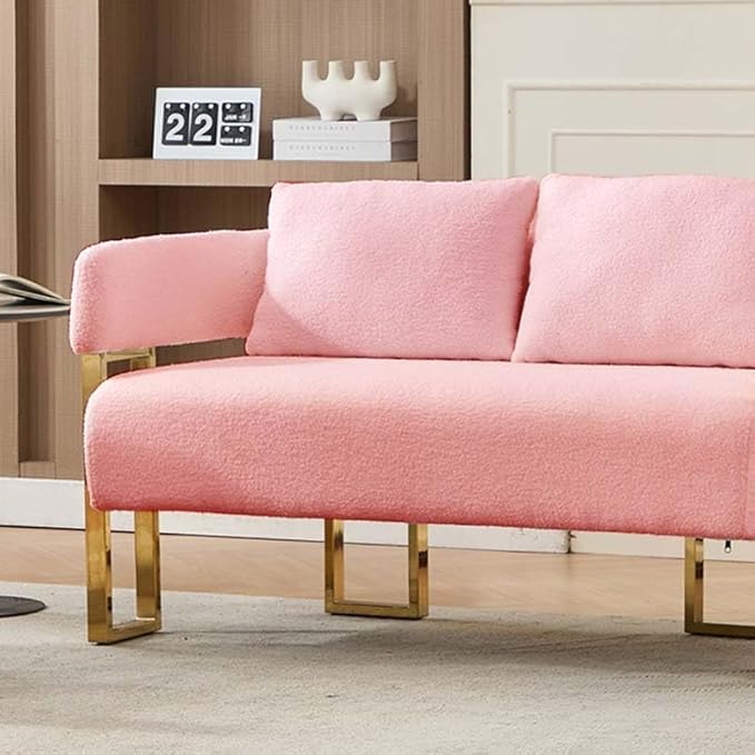 Teddy Fabric Accent Chair Modern Side Chair with Gold Metal Legs 51 Inch Wide Upholstered Loveseat for Living Room Dressing Area Office (Pink)