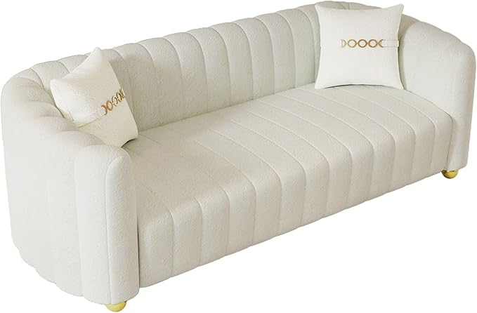 83.46 Fabric Couch for Living Room Cute Modern Sofa with Gold Metal Sphere Legs Upholstered Comfy 3 Seater Couch (Teddy Cream White)