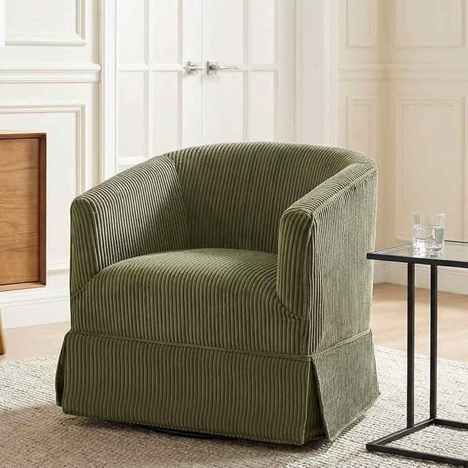 Swivel Accent Chair for Living Room 360° Upholstered Barrel Swivel Chairs with Skirted Base Modern Linen Armchairs for Bedroom Reading Nook Small Space Corduroy Green