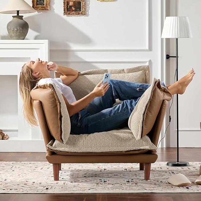 Leather Oversized Armchair Modern Accent Chair Single Sofa Lounge Chair Leather and Fabric Two-Faced Material 43.5 Wide 21.3 Seat Deepth for Living Room Bedroom (Brown)