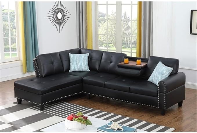 Devion Furniture Transitional PU Faux Leather Sectional Sofa with Lift-top Storage Ottoman for Living Room in Black Finish