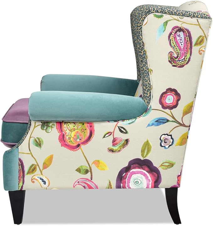 Jennifer Taylor Home Anya Eclectic Floral Patchwork Boho Chic Wingback Large Living Room Lounge Accent Arm Chair