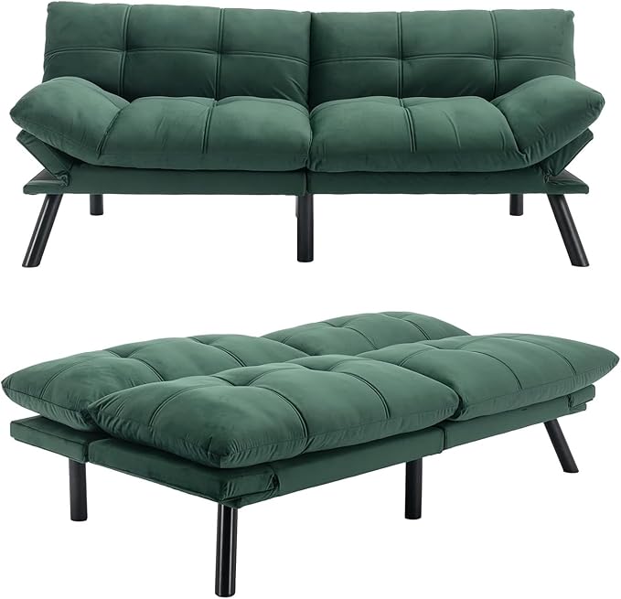 Anwick Futon Sofa Bed Velvet Convertible Futon Sleeper Couch 71 Sleeper Sofa Bed with Adjustable Backrest Modern Loveseat Couch for Compact Living Room Apartment Office (Green)