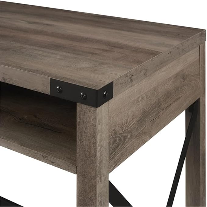 Pemberly Row 42 in Modern Metal and Wood Desk Gray Wash Finish 2 Storage Cubbies with Cord Management Industrial Corner Brackets and X Accents Rustic Farmhouse Style Home Office Writing Desk