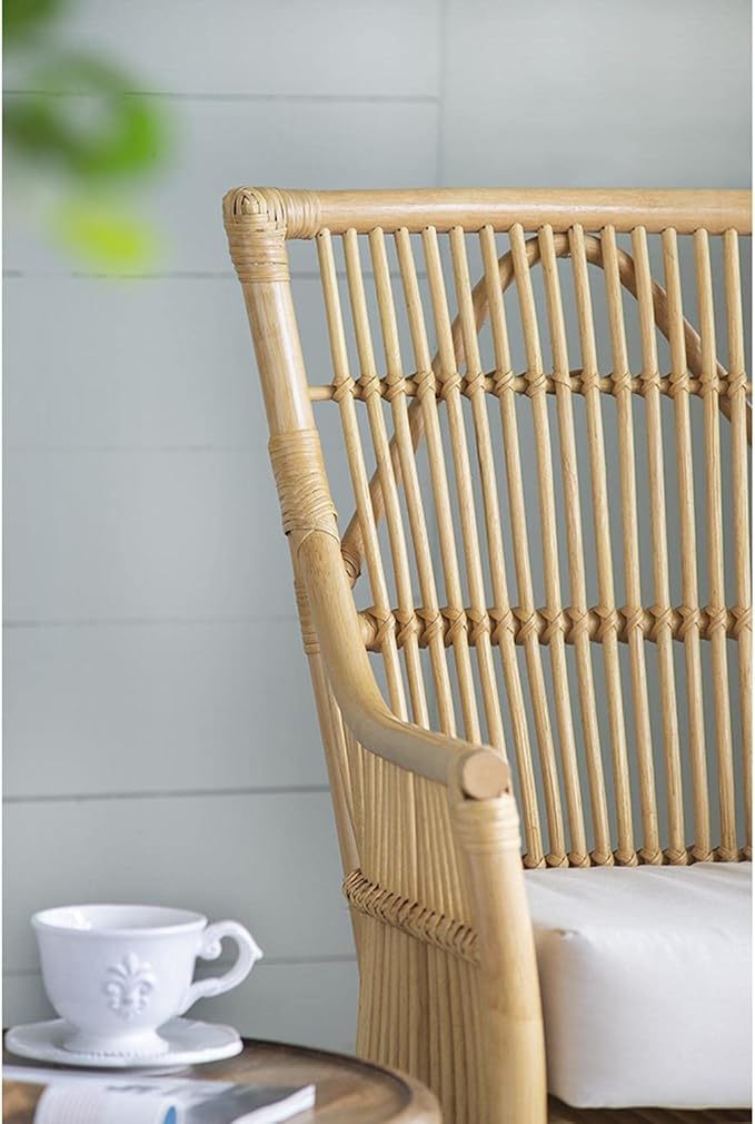 A and B Home 37.8 H Yellow and White Rattan Indoor Arm Chair w/Soft Thick Cushion Traditional Style Chair Side Chair