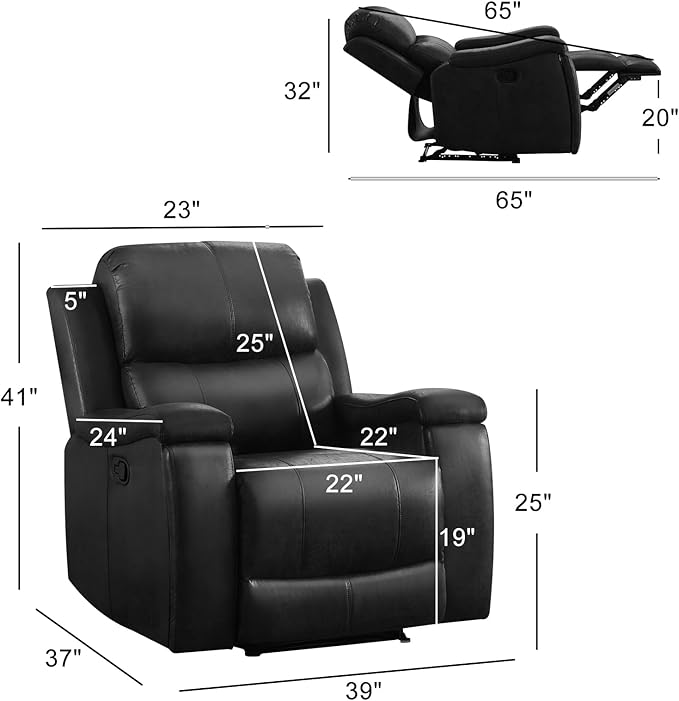 EBELLO Recliner Chair Single Overstuffed Sofa Recliner Breathable Faux Leather Manual Reclining Chairs with Hidden Cup Holder Arm and Back for Adults Living Room Bedroom Black