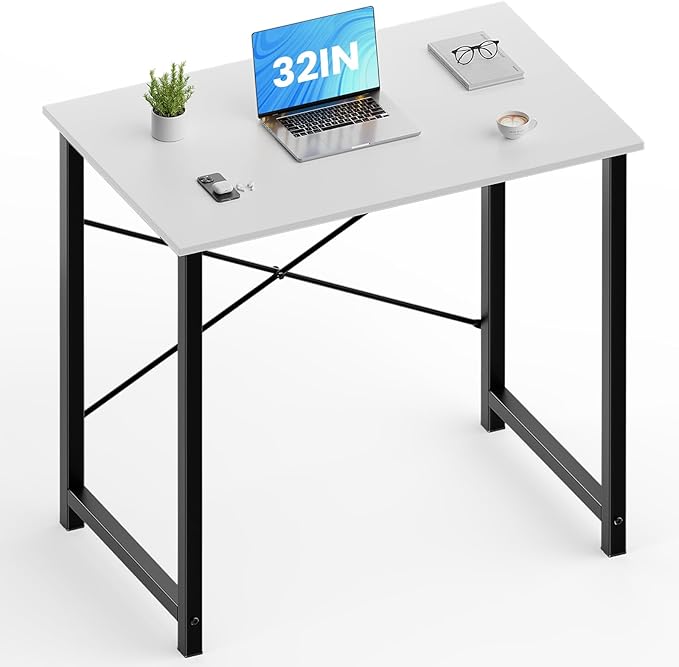 OLIXIS 32 Inch Small Computer Work Desk with X-Shaped Reinforcement Gaming Study Writing Table for Home Office Small Space Metal Frame Black&ampWhite