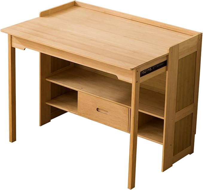 Bamboo Folding Desk with Bookshelf &amp Drawer Small Foldable Computer Table Wooden Space Saving Desks for Home Bedroom Study Office (Natural 30.3″x27″x30.3″)