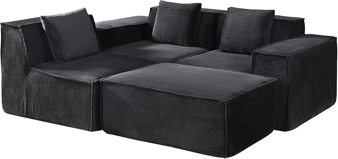 Harper Convertible Corduroy Sectional Couch with Ottoman &amp Pillows Modular L Shaped Sleeper Sofa Boneless Cloud Couch for Living Room Furniture Black