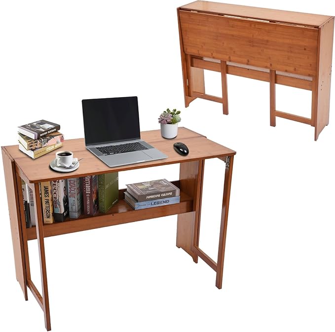 Bamboo Folding Desk Writing Computer Desk Wood Desk with Storage Shelf Foldable Computer Table Home Office Desk for Bedroom Living Room Dormitory Small Space (Brown)