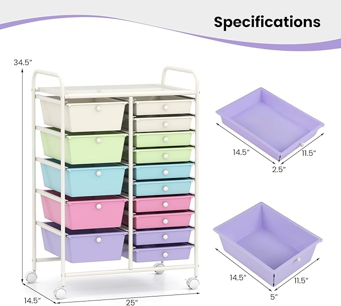 Giantex 15 Drawer Rolling Cart with Drawers Storage Organizer Cart for Classroom Office School Teacher Mobile Drawer Cart for Tools Crafts Small Printer Paper Pastel Ice Cream