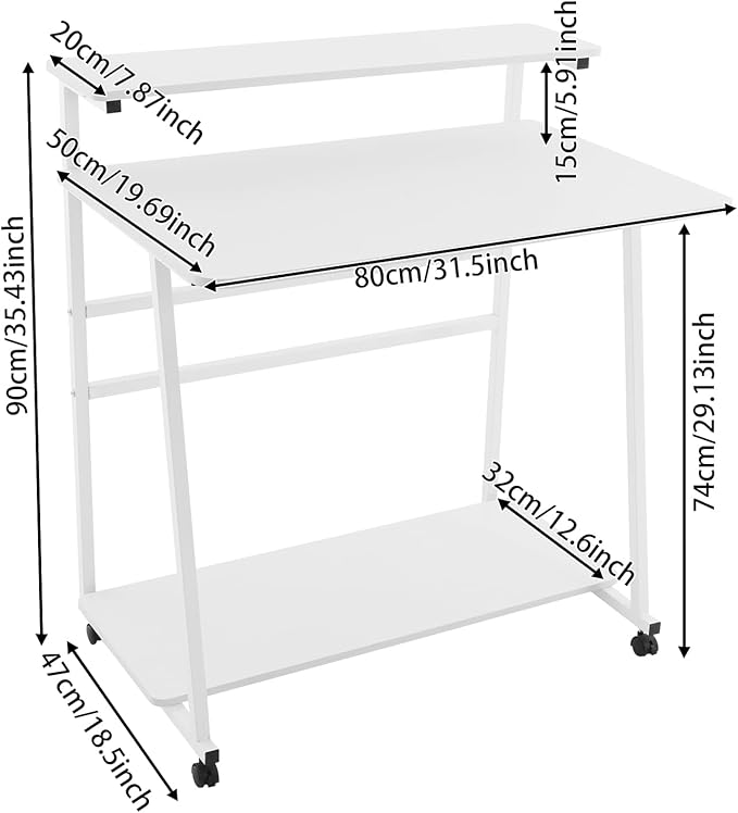 Small Office Mobile Computer Desk 3-Tier Laptop Table with Storage Shelves Tiny Computer Desk with Wheels for Home Office Bedroom Living Room Studio (White)