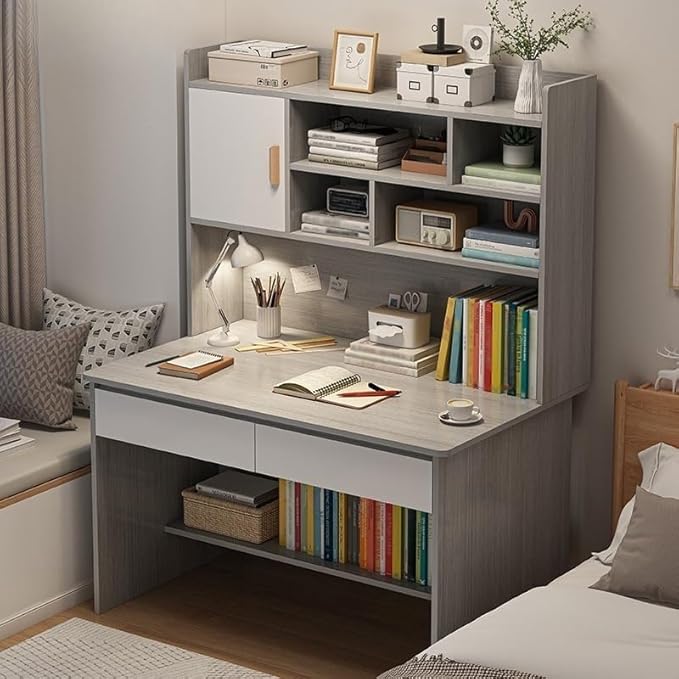 LITFAD Modern Computer Desk Work from Home Desk with Hutch Bookcase and Integrated Cable Management Rectangular Wood Office Desk 2 Drawers 31.5 L x 17.7 W x 59.8 H Grey
