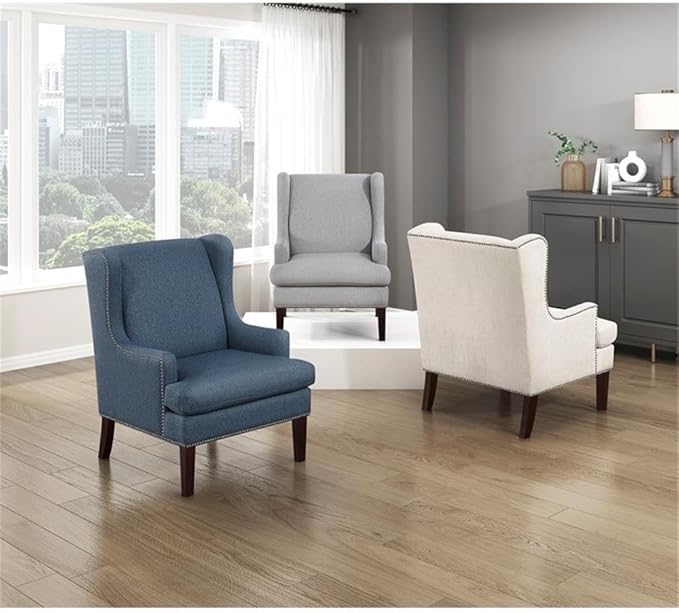 Pemberly Row Contemporary Wingback Accent Chair Blue Textured Fabric Upholstery Nailhead Trim High Backrest Cushioned Seat Sturdy Wooden Legs Stylish Living Room or Office Decor