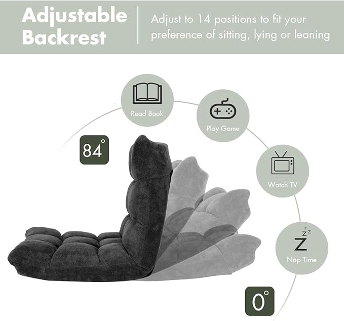 S AFSTAR Cushioned Floor Chair 14-Position Adjustable Padded Lazy Recliner with Comfortable Back Support and Skin-Friendly Cover Great for Reading Playing Game Meditating (Mysterious Black)