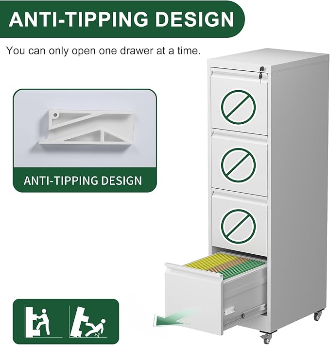 4 Drawer File Cabinet with WheelsMetal Mobile Filing Cabinets with LockBlack Vertical Heavy Duty Storage Cabinet for A4/Letter/Legal Size FileAssembly Required (White 4 Drawer)
