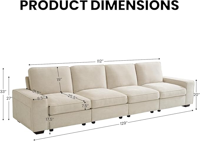 129 4-Seater Modular Sectional Sofa Modern Comfy Chenille Couch with Removable Chenille Washable Cover Seat Storage and USB Charging for Living Room Office Apartment Easy to Install Beige