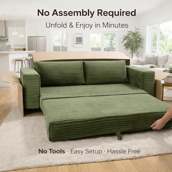 73INCH 2 in 1 Convertible Folding Couch Bed Corduroy Sleeper Sofa with Pull-Out Bed No Assembly Floor Sofa for Living Room Apartment &amp Small Spaces (Green)