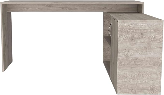Penau L-Shaped Computer Desk with Open &amp Closed Storage Light Gray Finish Spacious 59 Inch Surface Perfect for Home Office Sturdy Particle Board Construction